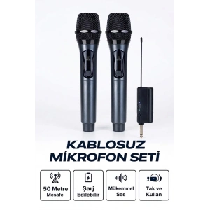 Profesyonel Çiftli Kablosuz Mikrofon Seti Karaoke Şarj Edilebilir 50 Metre