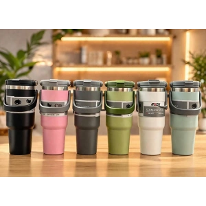 Renkli 700 ml Taşıma Kulplu Paslanmaz Çelik Termos Mug Bardak