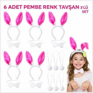 Şeker Pembesi Tavşan Sahne Seti 6'lı Set Taç Papyon Kuyruk
