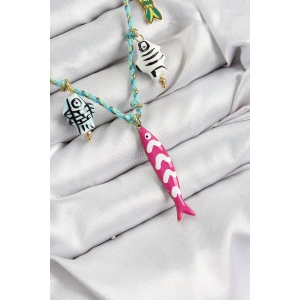 Seramik Motifli Pembe Balık Figürlü Model Mavi İp Kadın Kolye