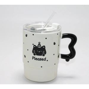 Sevimli Ayı Figürlü Pipetli Kapaklı Porselen Kupa Bardak