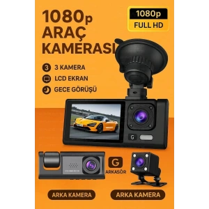 Siyah 1080p Araç içi 3 Kameralı Lcd Ekranlı Gece Görüşlü , G-sensör , Geri Görüş Kamera