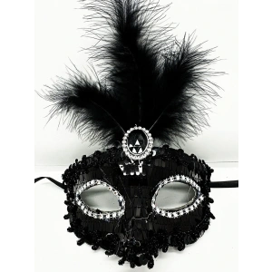 Siyah Renk Payetli Pullu Tüylü Parti Maskesi 17x20 cm (5047)