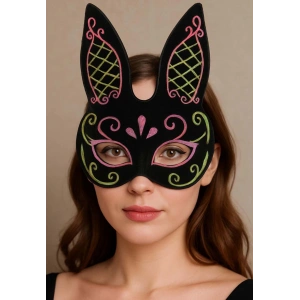 Siyah Renk Pembe Gold Simli Siyah Süet Kaplama Tavşan Maskesi 18x16 cm