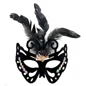 Siyah Renk Siyah Süet Kaplama Tüylü Kelebek Figür Parti Maskesi 24x18 cm (5047)