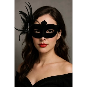 Siyah Renk Yandan Tüylü Süet Kaplama Beyaz İncili Parti Maskesi 18X15 cm