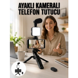 Telefon Tutucu Led Işıklı Kumandalı Mikrofon Telefon Vlog Video Kayıt