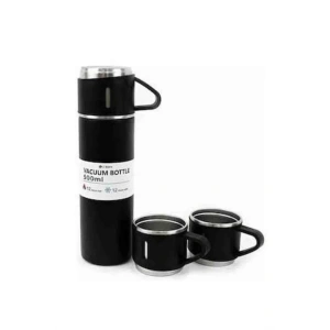 Termos Paslanmaz Çelik Termos Siyah Renk 3 Bardaklı Termos Seti