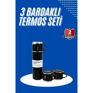 Termos Seti 3lü Bardak Seti Isı Dayanıklı Siyah Paslanmaz Çelik Vakumlu