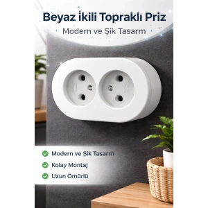 Topraklı Sıva Üstü İkili Set Priz Modern Kırık Beyaz Kolay Kurulum
