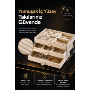 Üç Çekmeceli Kadife Takı Düzenleyici Şeffaf Kapaklı Mücevher Saklama Kutusu