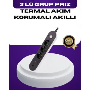 USB Yuvalı Anahtarlı Üçlü Priz 2 Metre Kablolu