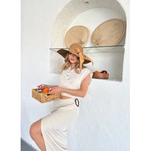 Uzun etekli bluz takım keten krem s255852