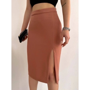 Uzun midi boy yırtmaçlı etek somon s24907