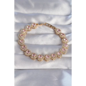 Vip Seri Pirinç Gold Renk Pembe Zirkon Taşlı Kalp Tasarımlı Bileklik