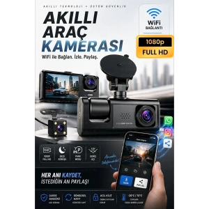 WiFi 1080p 3 Kameralı Araç İçi Kamera LCD Ekranlı Gece Görüşlü G Sensörlü Geniş Açılı