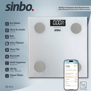 YAĞ ÖLÇER AKILLI BLUETOOTH CAM BASKÜL PİLLİ 180KG/50GR 26X26CM 8-KİŞİ HAFIZA LCD EKRAN SBS-4474 (5047)