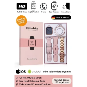 Yeni Nesil 3 Kordonlu Kadın Akıllı Saat Spor Ve Sağlık Sensörlü Watch 9 Series Tasarım Saat Pembe