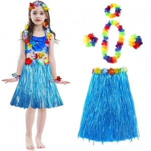 Yetişkin ve Çocuk Uyumlu Hawaii Luau Aloha Mavi Püsküllü Etek Kolye Taç ve 2 Adet Bileklik Seti (5047)