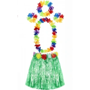 Yetişkin ve Çocuk Uyumlu Luau Aloha Hawaii Yeşil Etek ve Renkli Kolye Taç 2 Adet Bileklik Seti (5047)