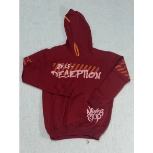14 yaş erkek çocuk kapşonlu baskılı kol ek detaylı sweatshirt bordo