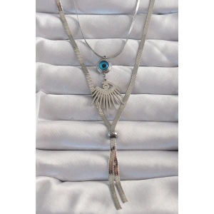 316L Çelik Gümüş Renk Zirkon Taşlı Göz Detay Nazarlı Uzun Asansör Model Kolye