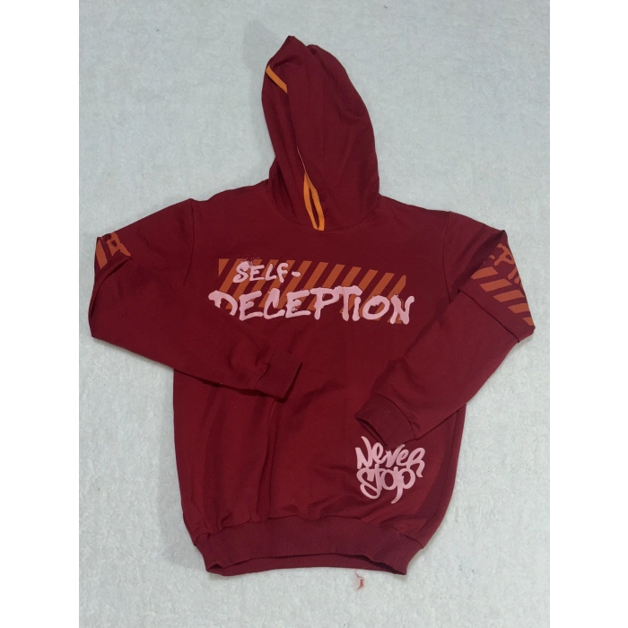14 yaş erkek çocuk kapşonlu baskılı kol ek detaylı sweatshirt bordo