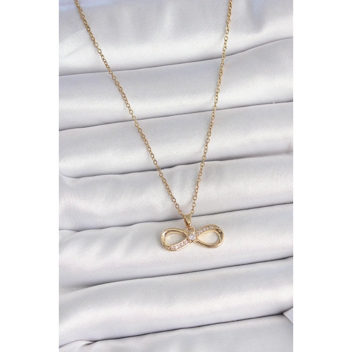 316L Çelik Gold Renk Zincir Zirkon Taşlı Sonsuzluk Model Kadın Kolye