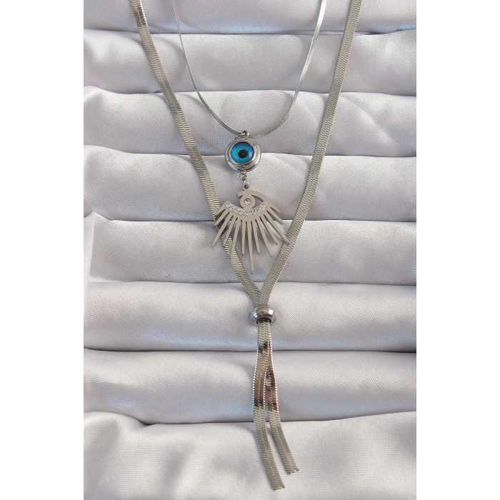 316L Çelik Gümüş Renk Zirkon Taşlı Göz Detay Nazarlı Uzun Asansör Model Kolye