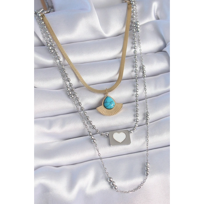 316L Çelik Mix Renk 3lü Zincir Damla Madalyon Figür Uzun Kadın Kolye