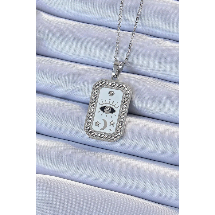 316L Çelik Zincir Gümüş Renk Mineli Zirkon Taşlı Göz Figür Tarot Kolye