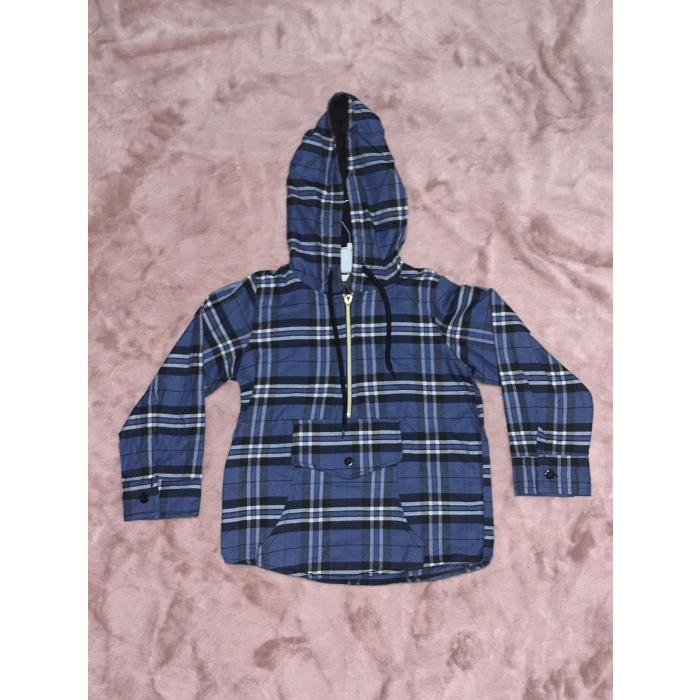 5-10 yaş ekoseli yarım fermuarlı kanguru cep kapşonlu ceket mavi