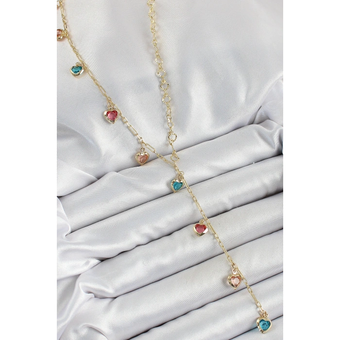 Pirinç Asorti Kalp Model Gold Renk Zirkon Taşlı Y Kolye