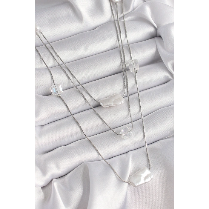 Pirinç Gümüş Renk Ezme İnci Model Çoklu Kadın Kolye