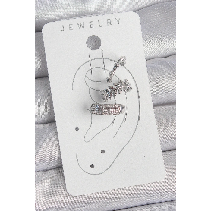 Pirinç Gümüş Renk Zirkon Taşlı 3Lü Model Yaprak Figür Kadın Kıkırdak Küpe