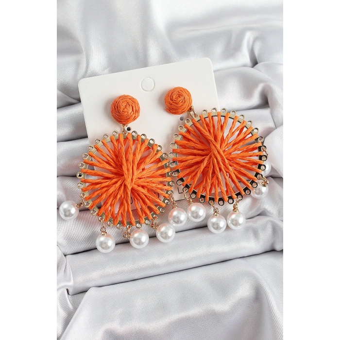 Turuncu Hasır Örgü Sarmal Model Sallantılı İnci Detaylı Gold Renk Kadın Küpe