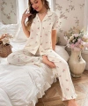 Bella Notte Ekru Çiçek Desenli Yakalı Pijama Takımı 7036