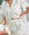 Bella Notte Ekru Desenli Düğmeli Şort Takım 7529