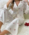 Bella Notte Ekru Desenli Düğmeli Uzun Pijama Takım 7085