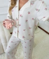 Bella Notte Ekru Desenli Düğmeli Uzun Pijama Takım 7085