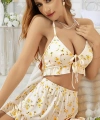 Kadın Çiçekli Ekru Askılı Şortlu Pijama Takım 5017