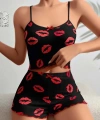 Kadın Siyah Dudak Desenli Şortlu Pijama Takımı 5057