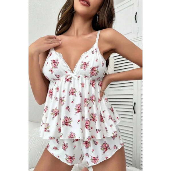 Bella Notte Beyaz Çiçek Desenli Şort Takım 7536