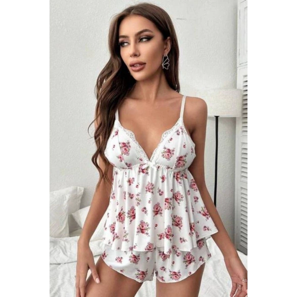 Bella Notte Beyaz Çiçek Desenli Şort Takım 7536