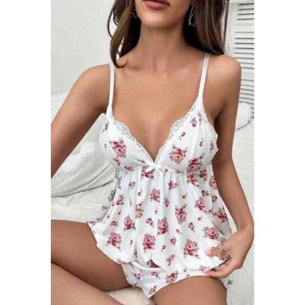 Bella Notte Beyaz Çiçek Desenli Şort Takım 7536