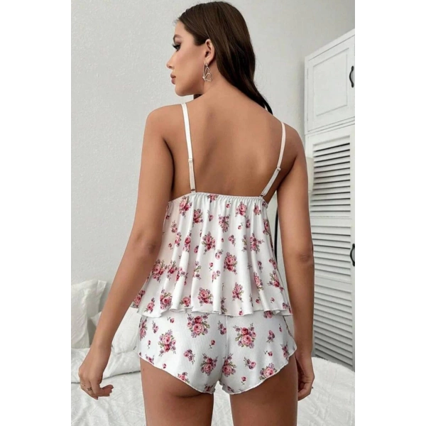 Bella Notte Beyaz Çiçek Desenli Şort Takım 7536