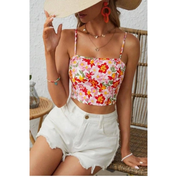 Bella Notte Çok Renkli Retro Çiçekli Askılı Crop B-5510