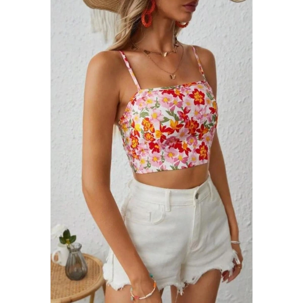 Bella Notte Çok Renkli Retro Çiçekli Askılı Crop B-5510