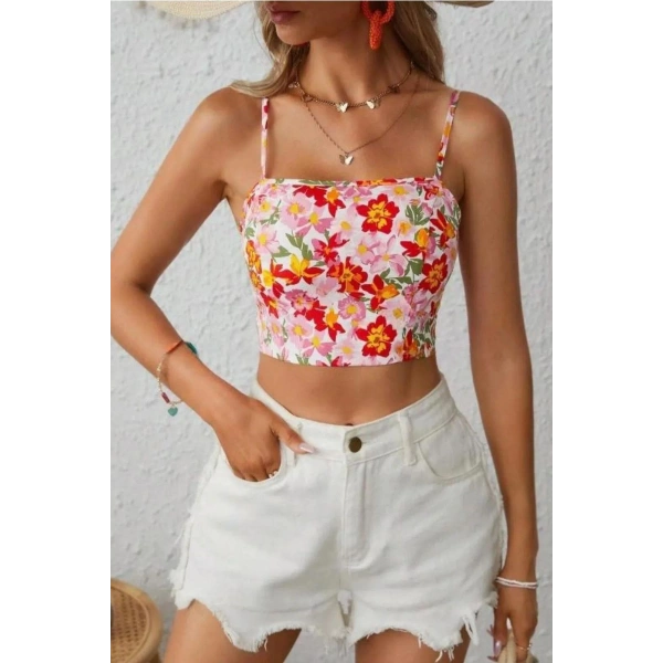 Bella Notte Çok Renkli Retro Çiçekli Askılı Crop B-5510