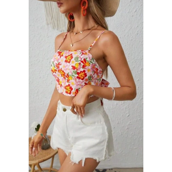 Bella Notte Çok Renkli Retro Çiçekli Askılı Crop B-5510